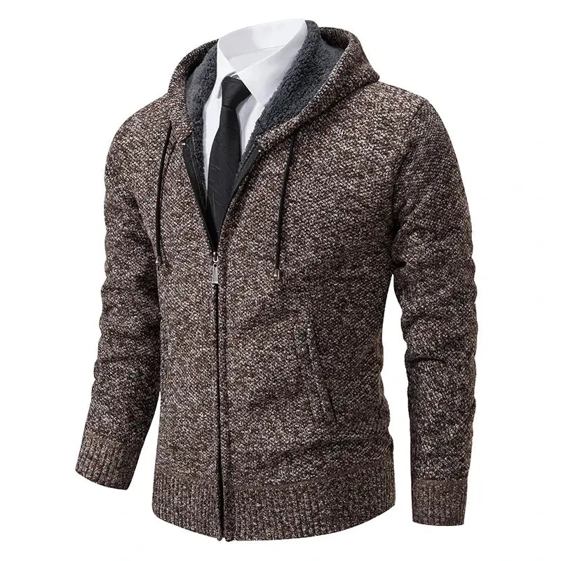Men's relaxed-fit casual sports coat in brown marled knit with hooded zip-front, PrimeCanada.Store