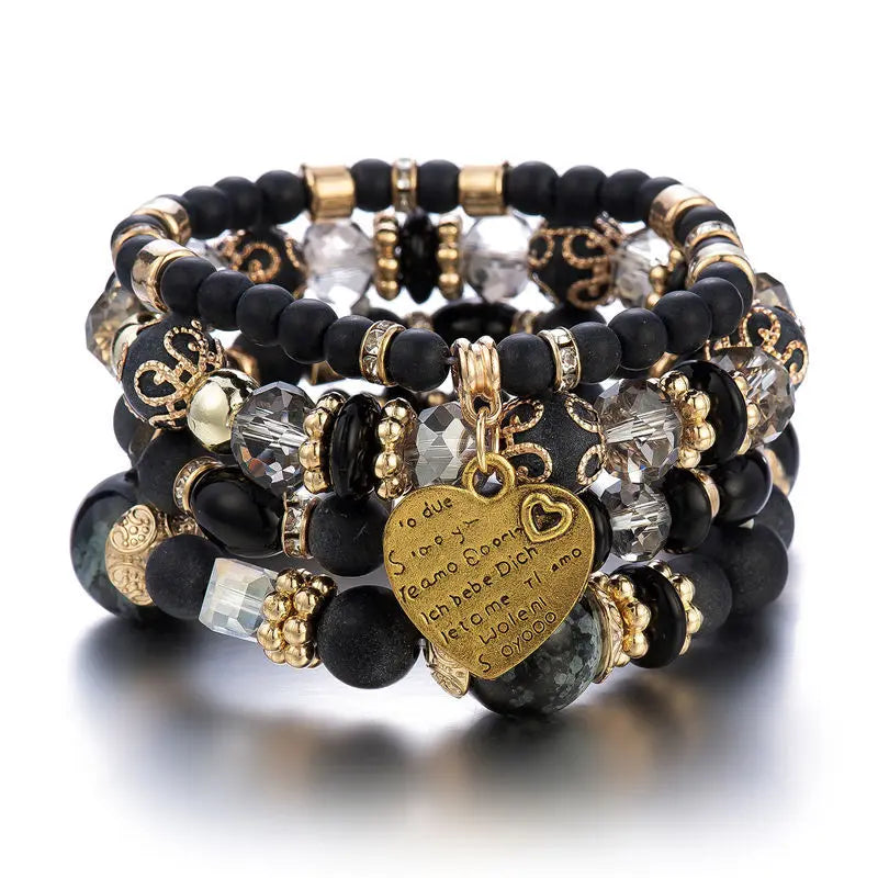Boho crystal heart bracelet set of 3 stackable elastic bracelets with black beads and gold accents