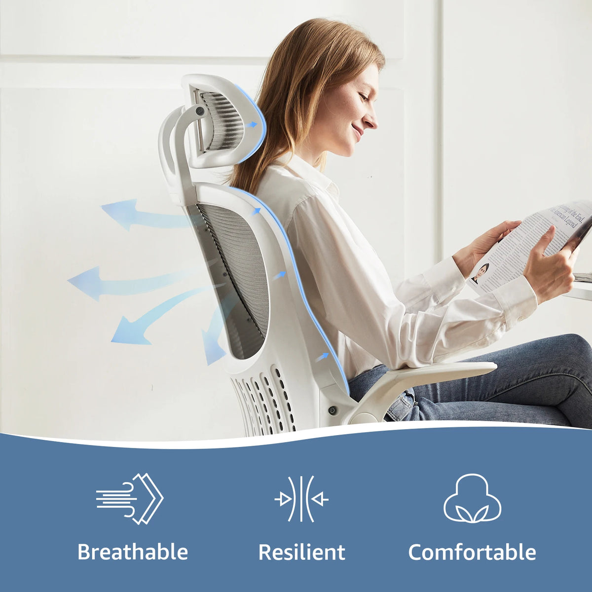 JHK mesh ergonomic office chair with flip-up arms and adjustable headrest in white/gray with blue accents