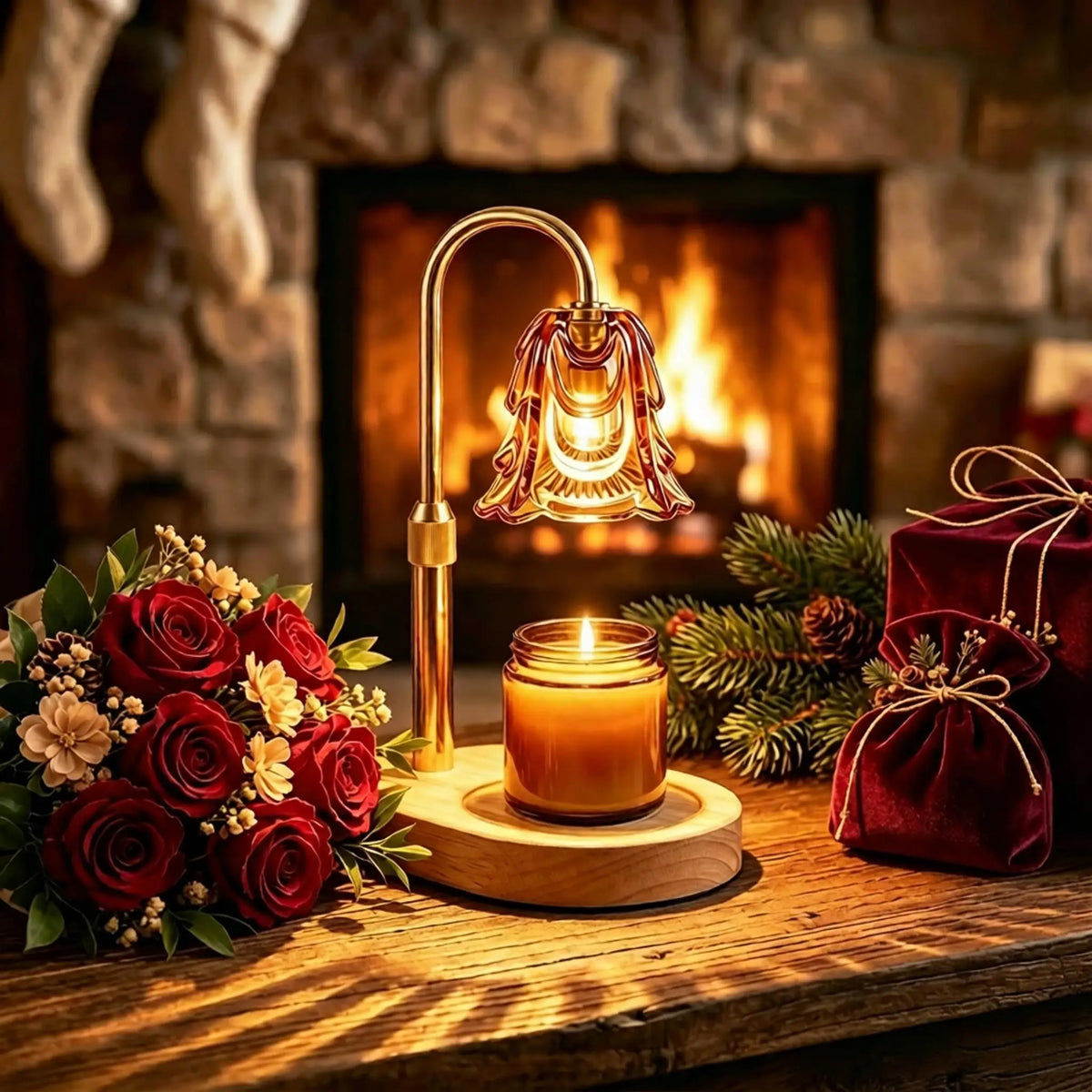 Gold candle warmer lamp with glass floral shade on a wooden table beside a lit candle and red rose bouquet