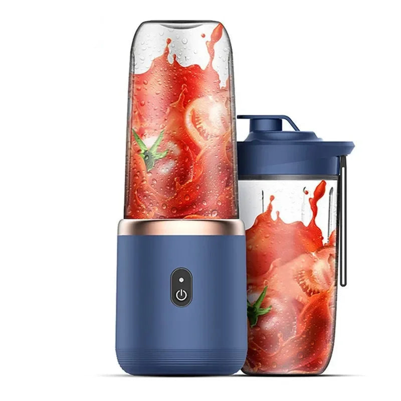 Portable USB rechargeable 6-blade personal fruit juice blender with blue base and two juice-filled bottles.