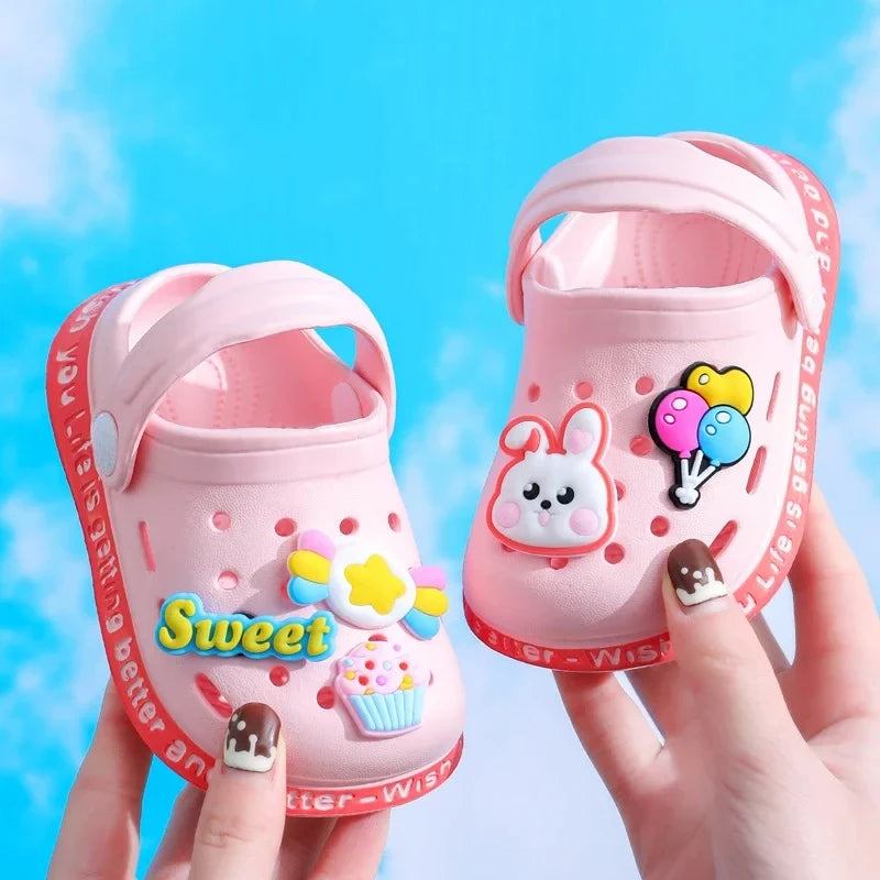 2 pink kids' cartoon summer sandals with bunny, cupcake and balloon decorations; PrimeCanada.Store