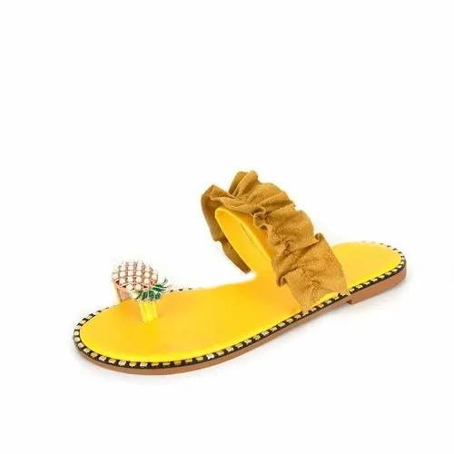 Pineapple Pearl Beach Slides by PrimeCanada.Store; yellow flat women's sandal with a ruffled tan strap and pineapple charm