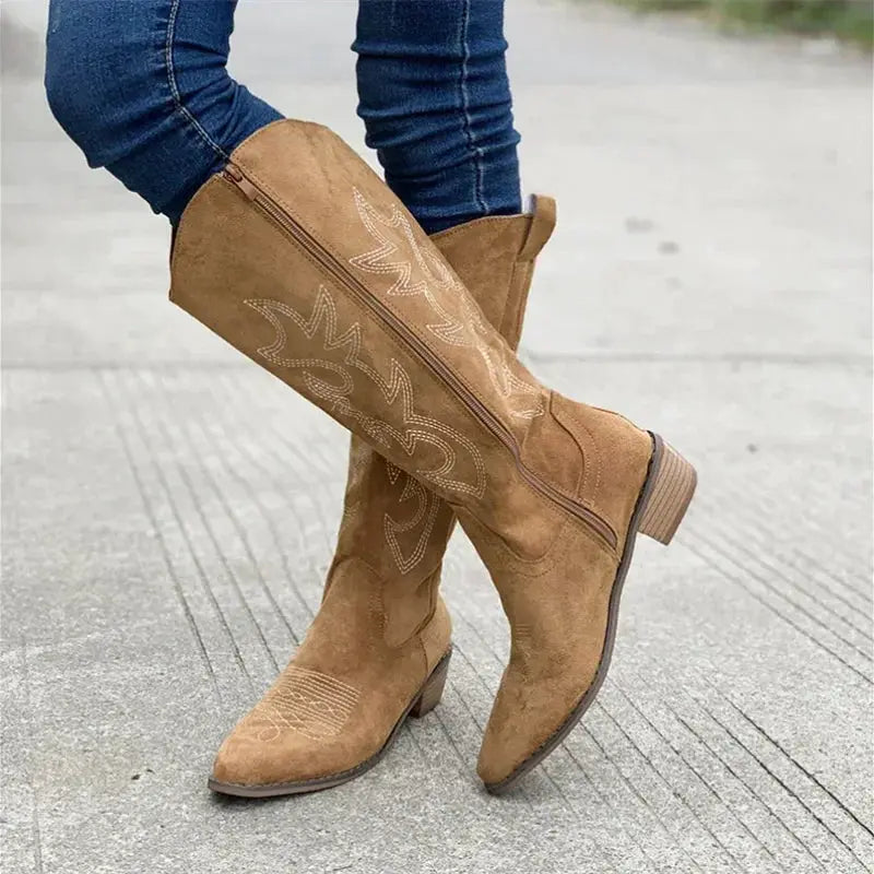 Women's Embroidered Cowboy Boots, tan suede with side zipper