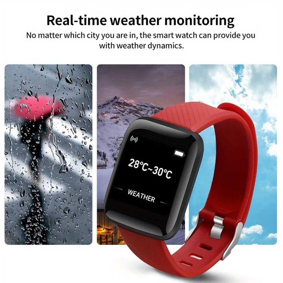 Smart Watch Fitness Tracker with red silicone band and black touchscreen displaying weather