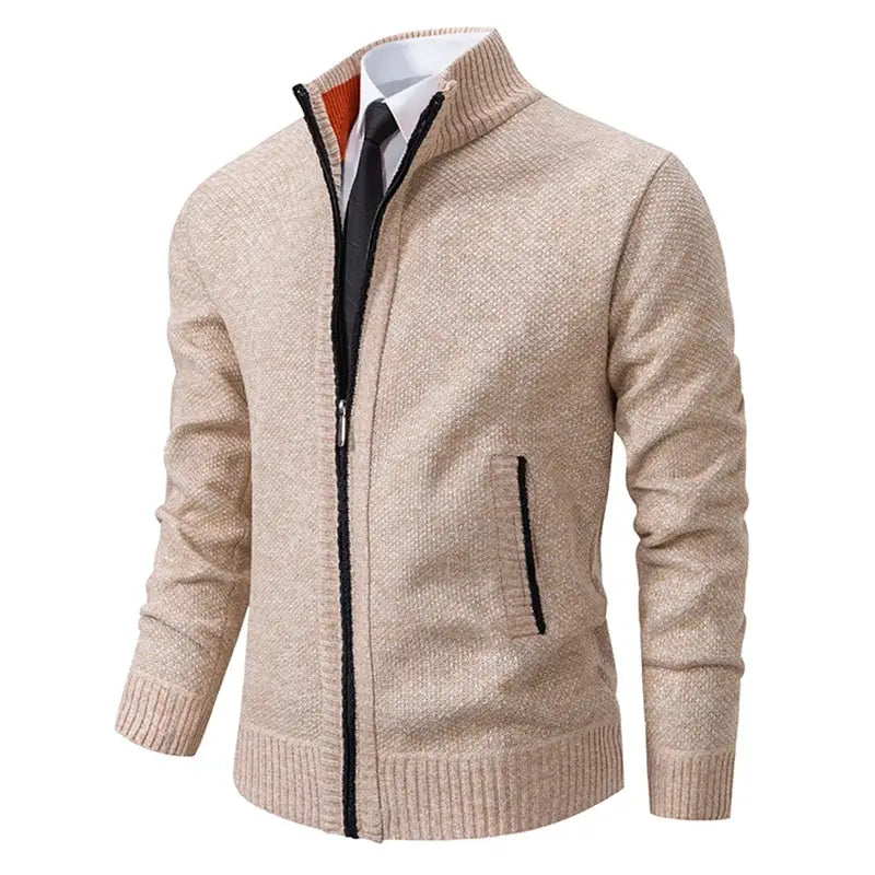 Men's beige knit casual sports coat with zip front pockets by PrimeCanada.Store