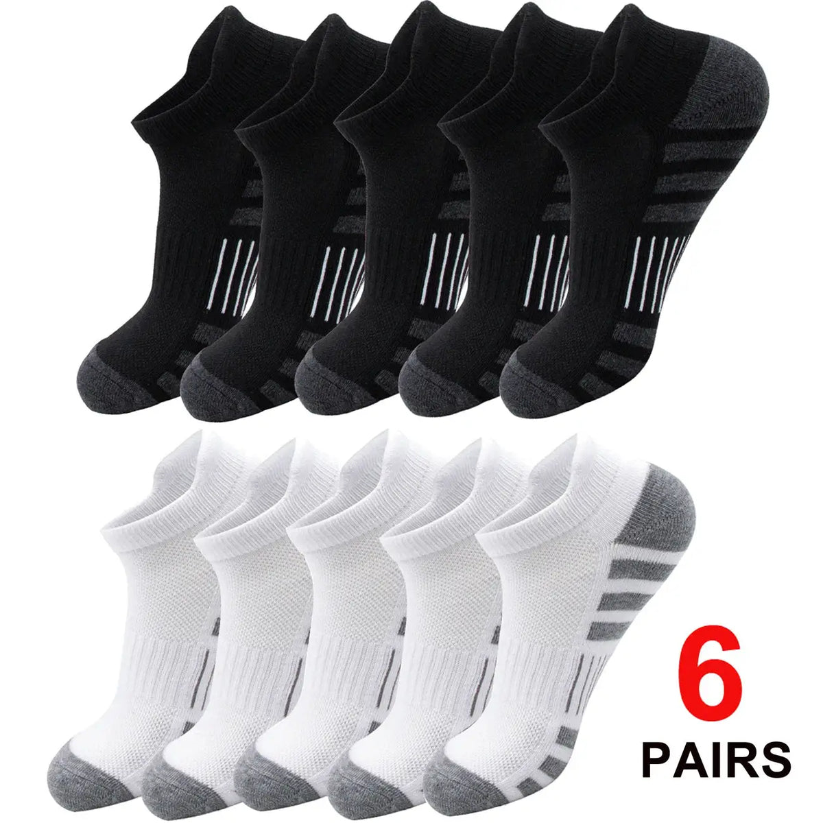 Breathable cushioned athletic ankle socks by PrimeCanada.Store, 6 pairs in black and white.