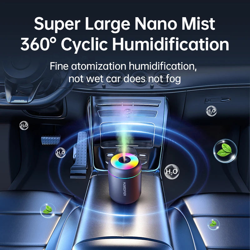 Mini USB aroma diffuser humidifier with 180ML capacity and RGB LED ring for car interior