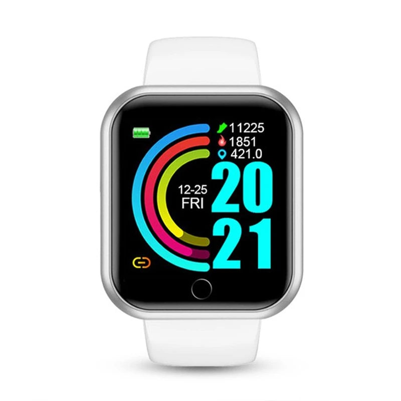 Smartwatch with white band and silver bezel, featuring a colorful digital display