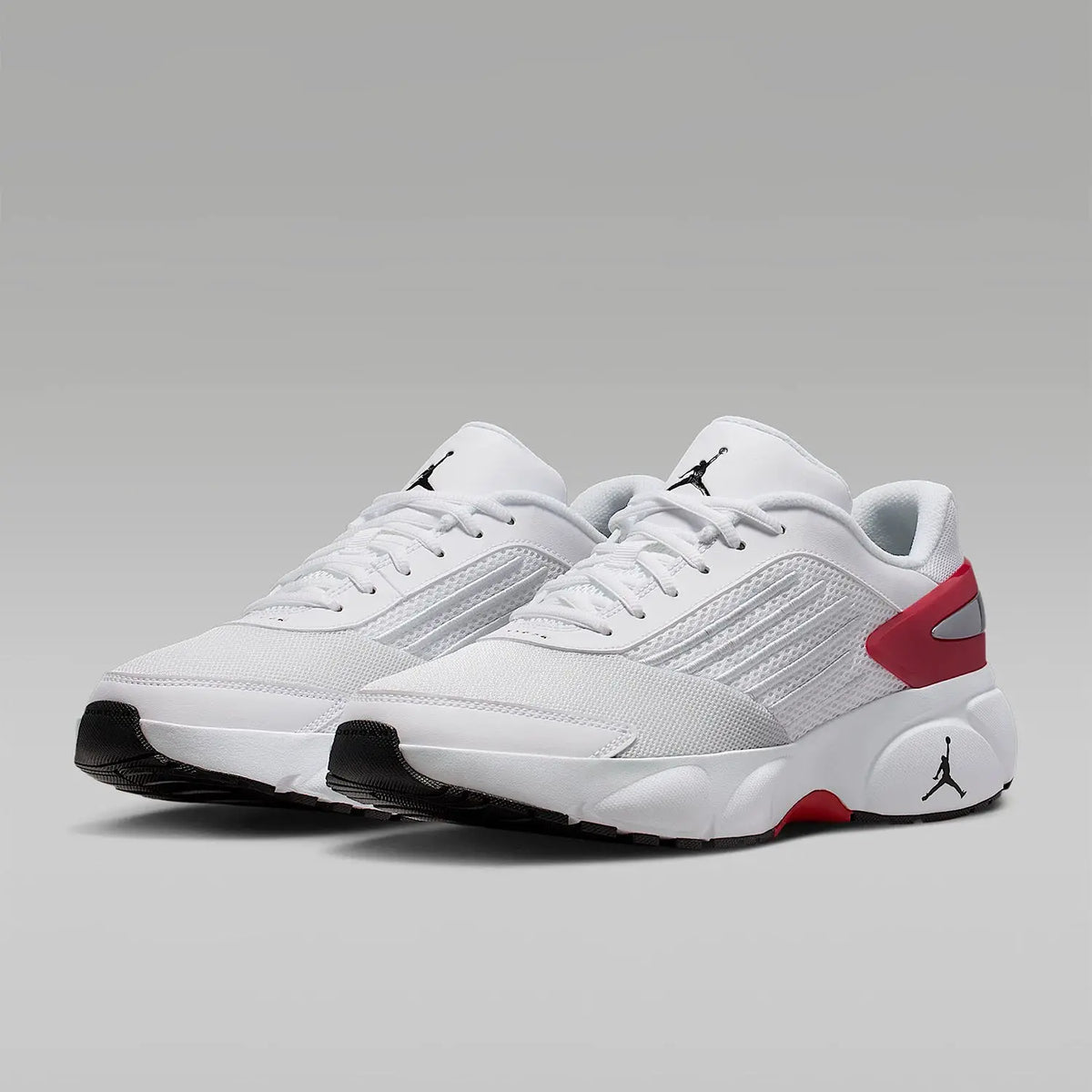 Jordan men's low-top cushioned casual shoes, white with red heel and Jumpman logo, black outsole pair