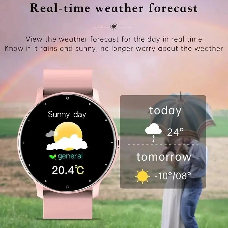 LIGE waterproof smartwatch with pink strap and weather forecast display