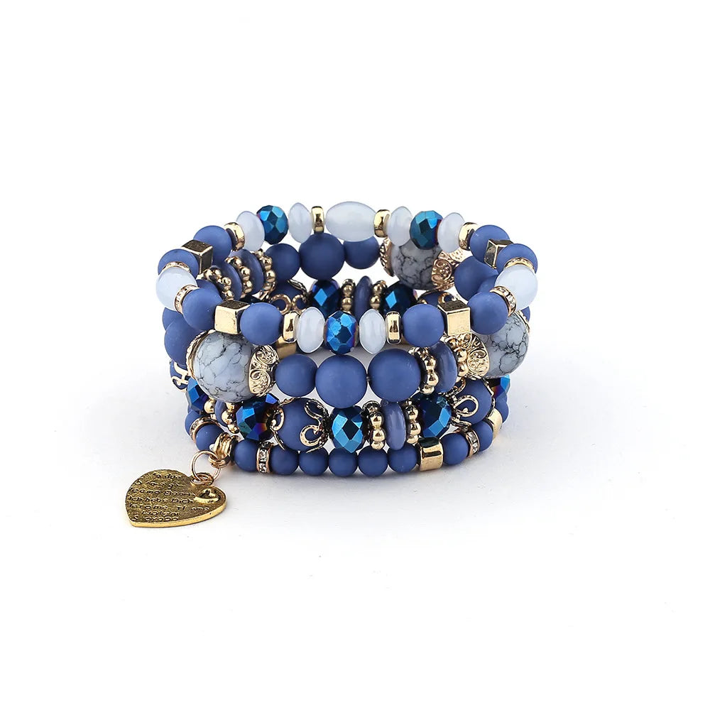 Boho crystal heart bracelet set stackable blue bead bracelets with gold spacers and a heart charm