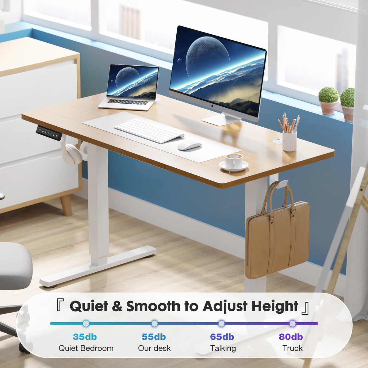 JHK Electric Standing Desk with memory height by PrimeCanada.Store, wood top, white frame, dual-monitor setup