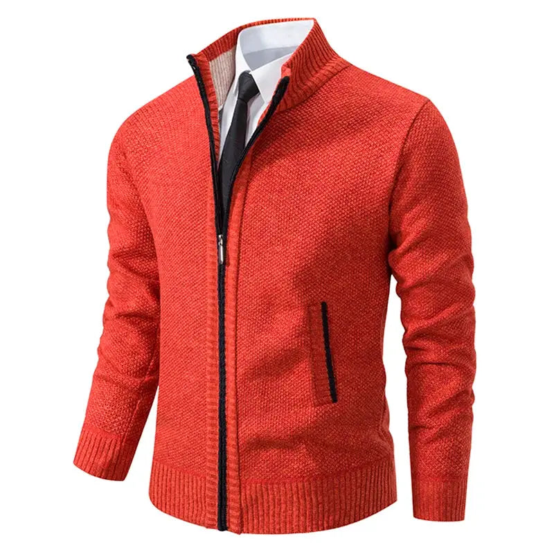 Men's relaxed-fit casual sports coat in red knit with zip front and black-trim pockets by PrimeCanada.Store