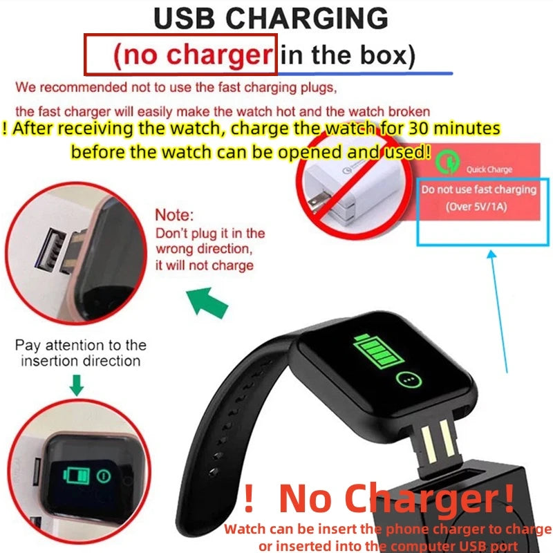 Smartwatch with black silicone strap and rectangular digital display; USB charging adapter shown in image