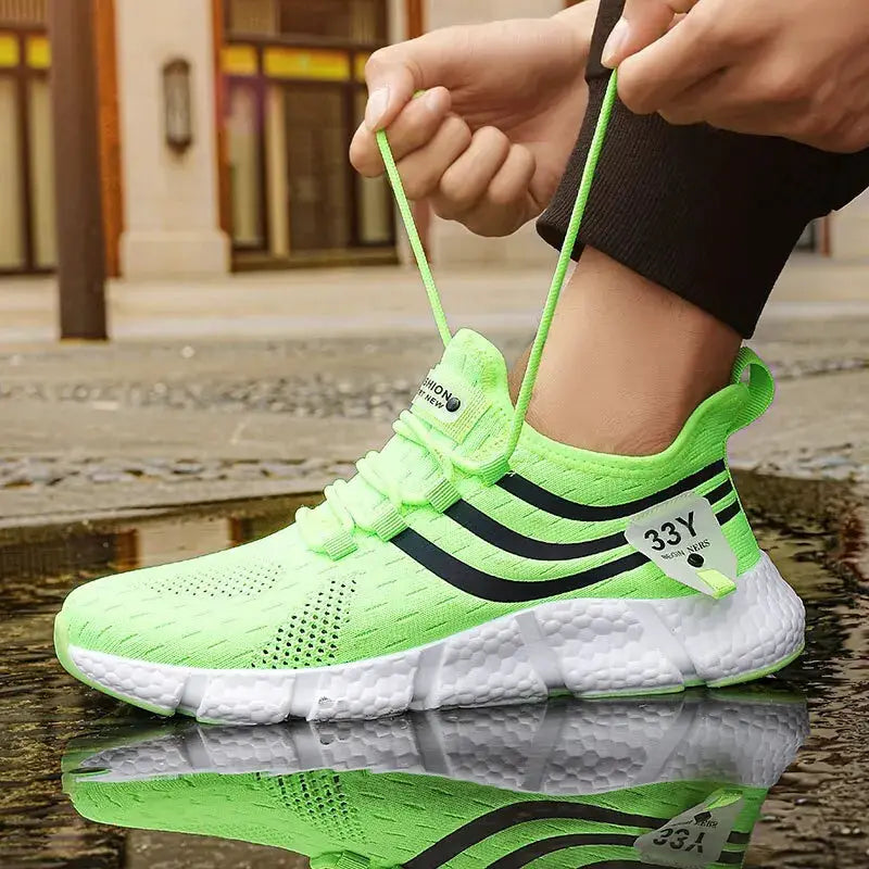 Shoes: Veloce men's neon green breathable lightweight casual sneakers with black side stripes and chunky white midsole.