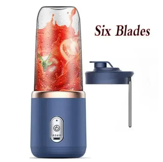 Portable USB Rechargeable 6-Blade Personal Fruit Juice Blender in blue