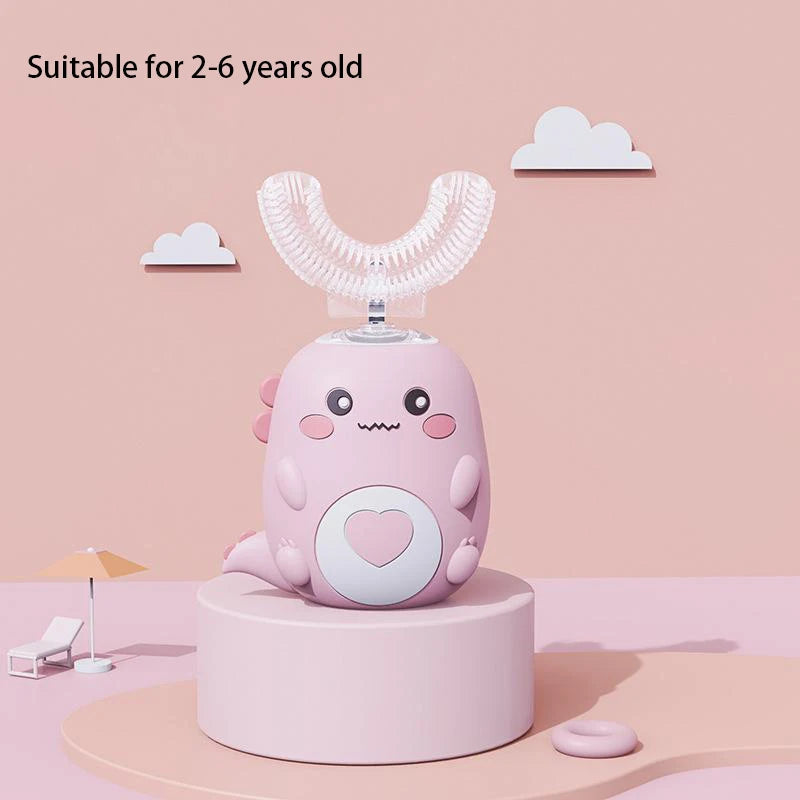 Balashov Kids U-Shaped Electric Toothbrush, pink cartoon design with heart motif for ages 2–6