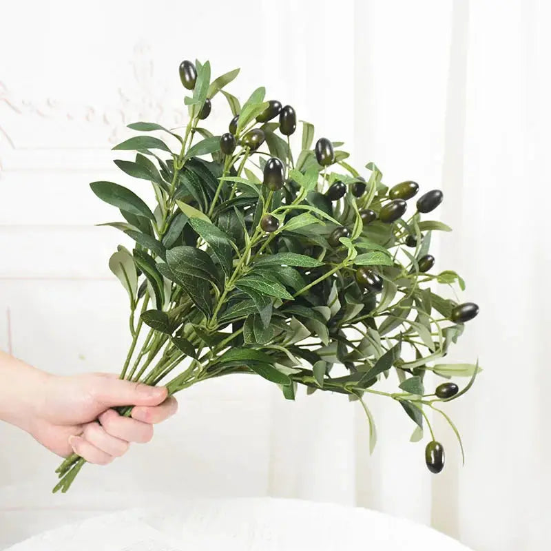 Artificial olive branch bouquet with green leaves and dark olives