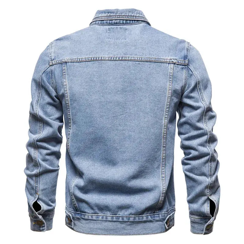 Men's slim-fit denim jacket in light blue, trucker style, back view