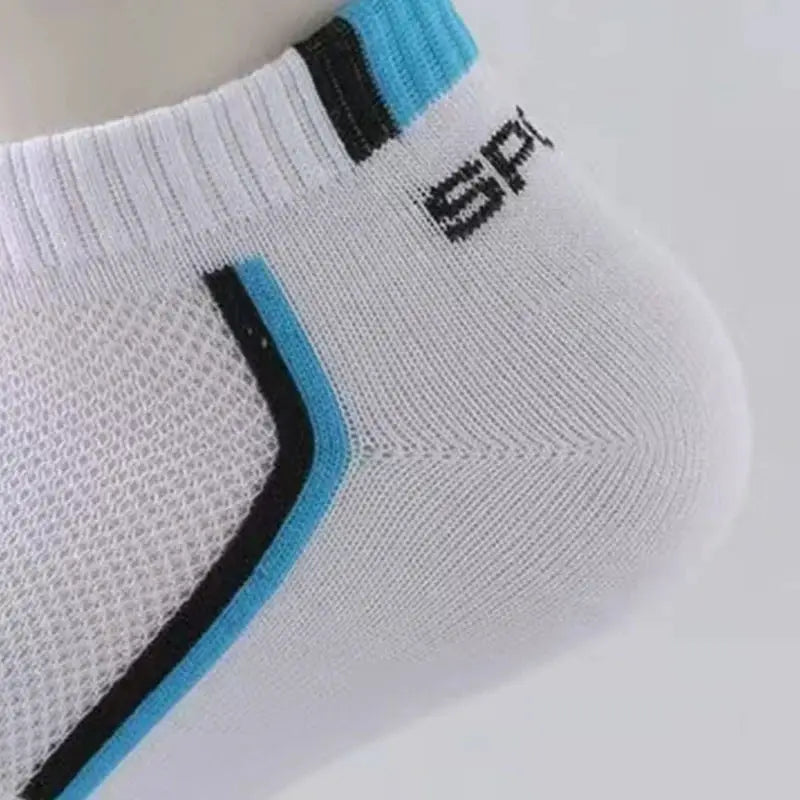 Men's striped white ankle sock with blue and black accents, breathable cotton.