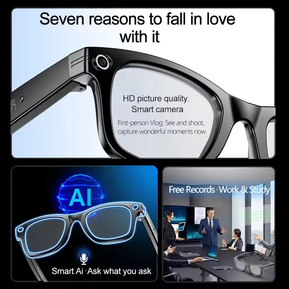 Real Time AI Translation Glasses in black with camera and waterproof recording by PrimeCanada.Store