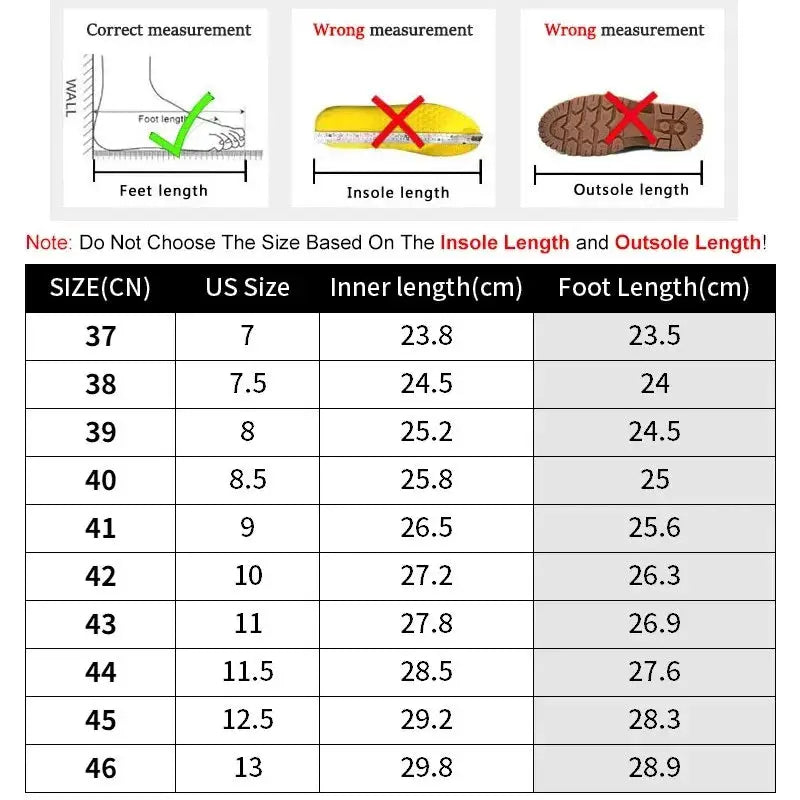 Veloce men's navy breathable lightweight casual sneakers size chart with inner and foot length measurements (cm)