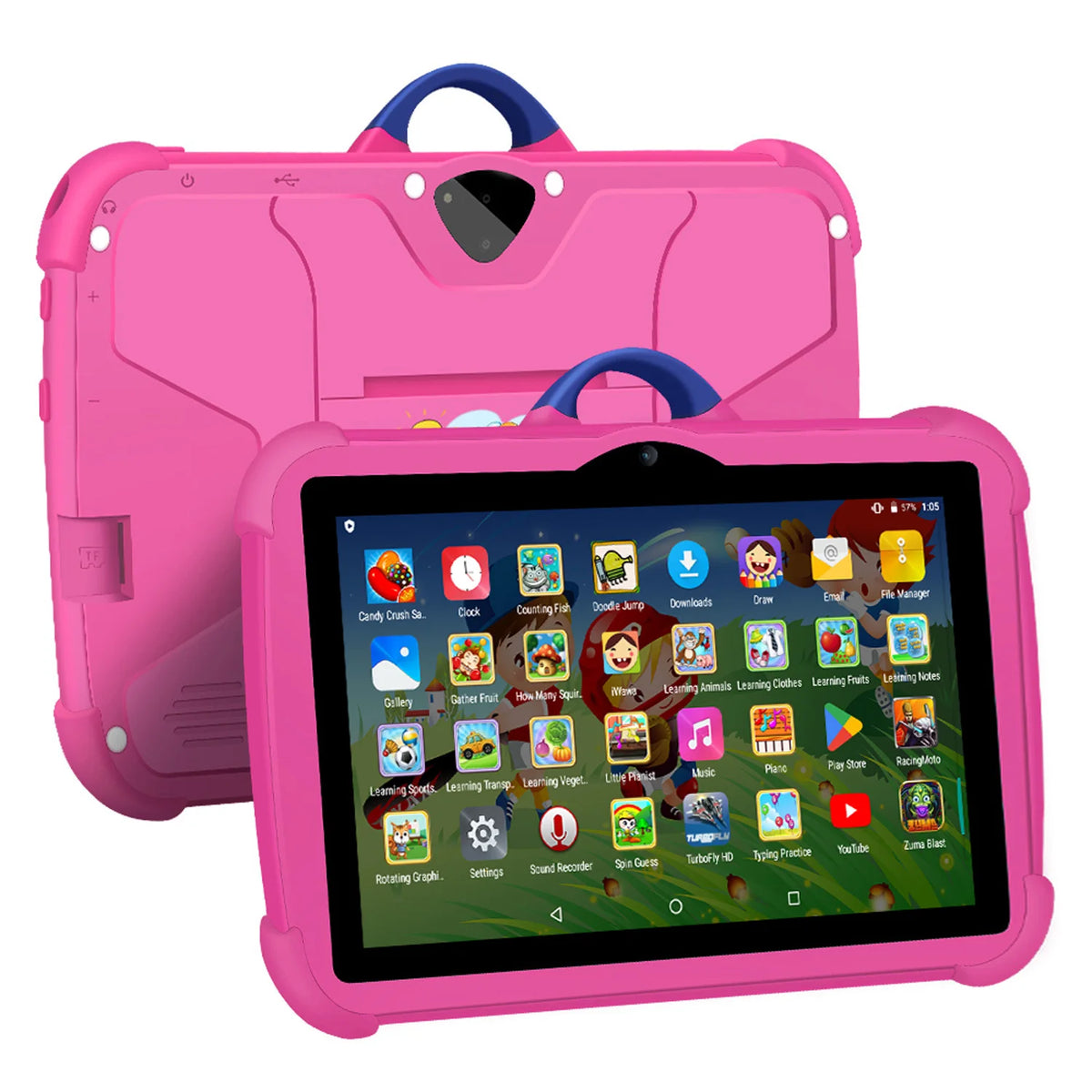New Cartoon Pattern Kids Tablet 7-Inch pair in pink with blue handles; screens show colorful app icons