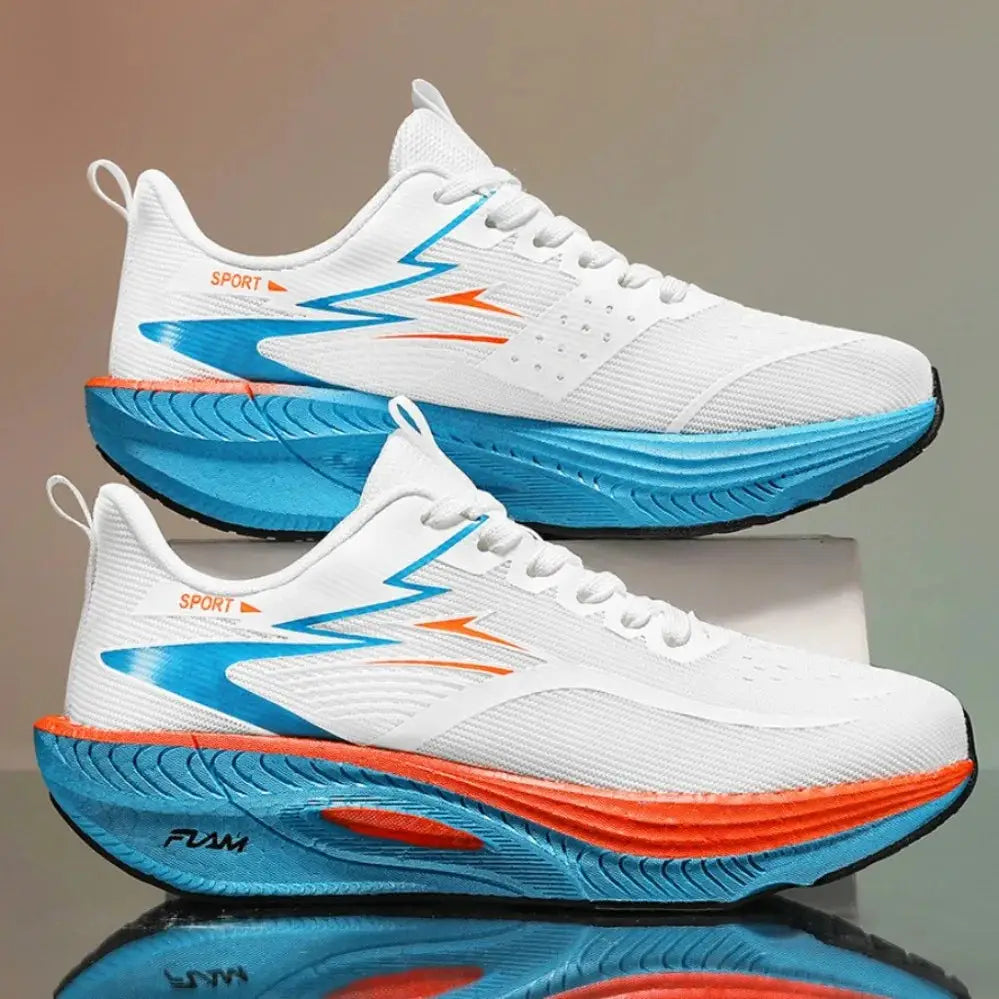 Flam athletic running shoes, white with blue and orange accents, lightweight breathable pair by PrimeCanada.Store