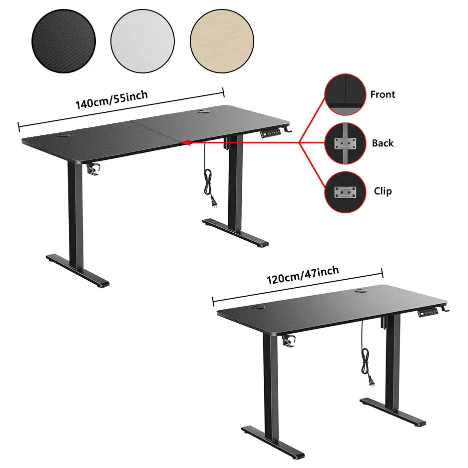 Electric height-adjustable standing desk with carbon fiber top and black frame; two sit-stand desks shown in 140cm and 120cm
