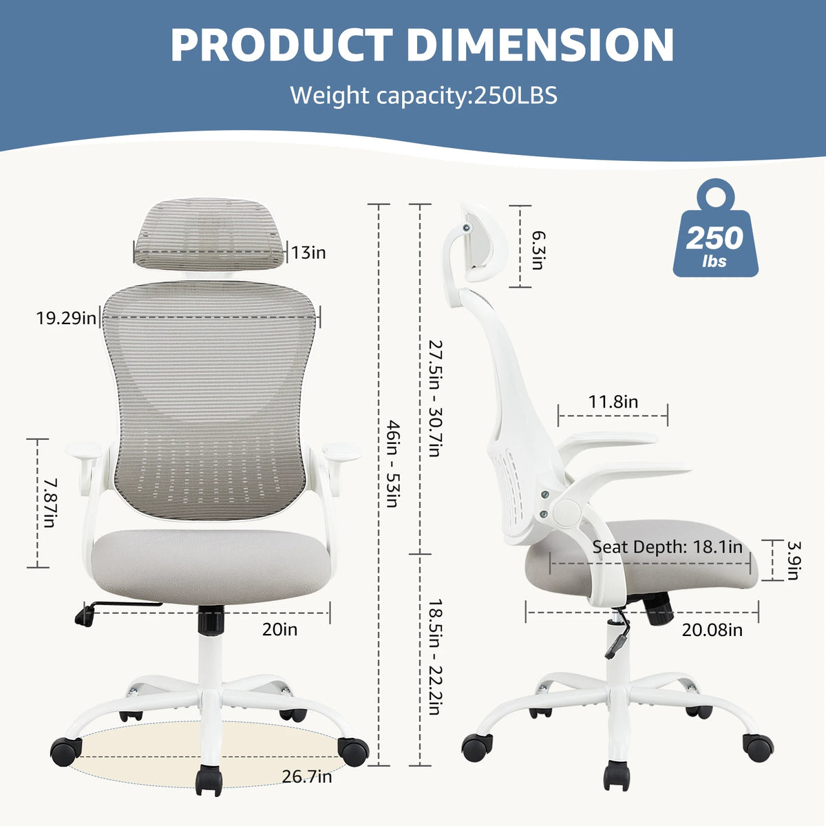 JHK mesh ergonomic office chair with flip-up arms, adjustable headrest and lumbar support; PrimeCanada.Store