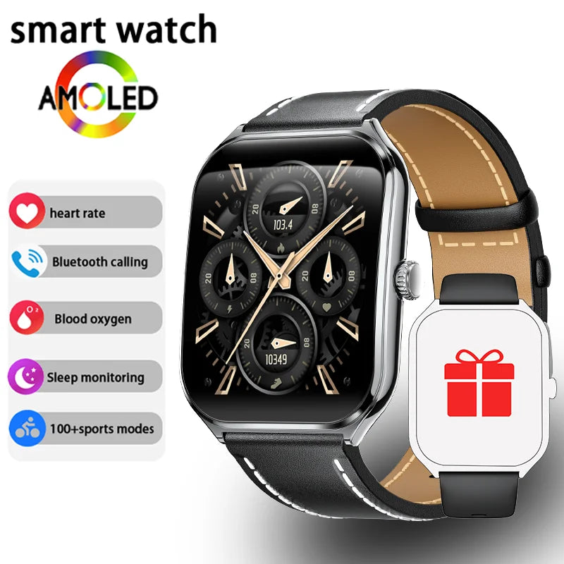 Ultra-thin AMOLED smartwatch with black leather strap and Bluetooth calling