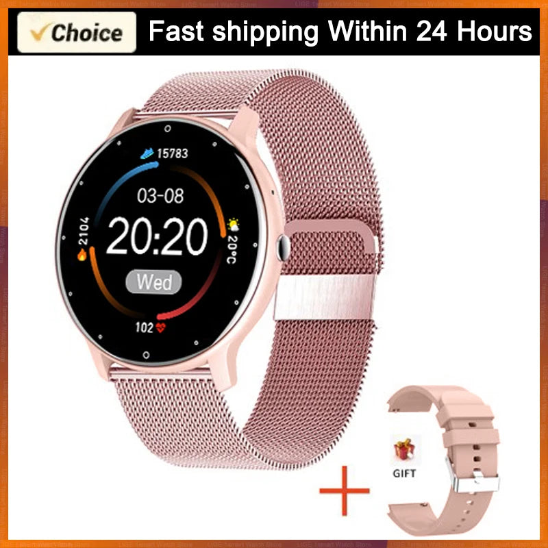 LIGE waterproof smartwatch with rose-gold mesh band and extra strap, fitness tracking and Bluetooth calling.