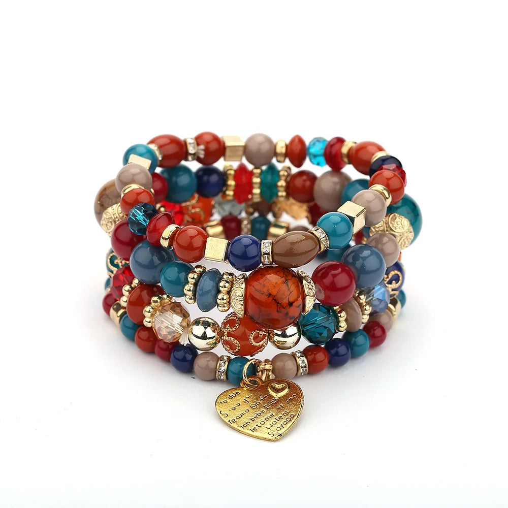 Boho crystal heart bracelet set; stackable elastic beaded bracelets in multicolor with gold accents and heart charm