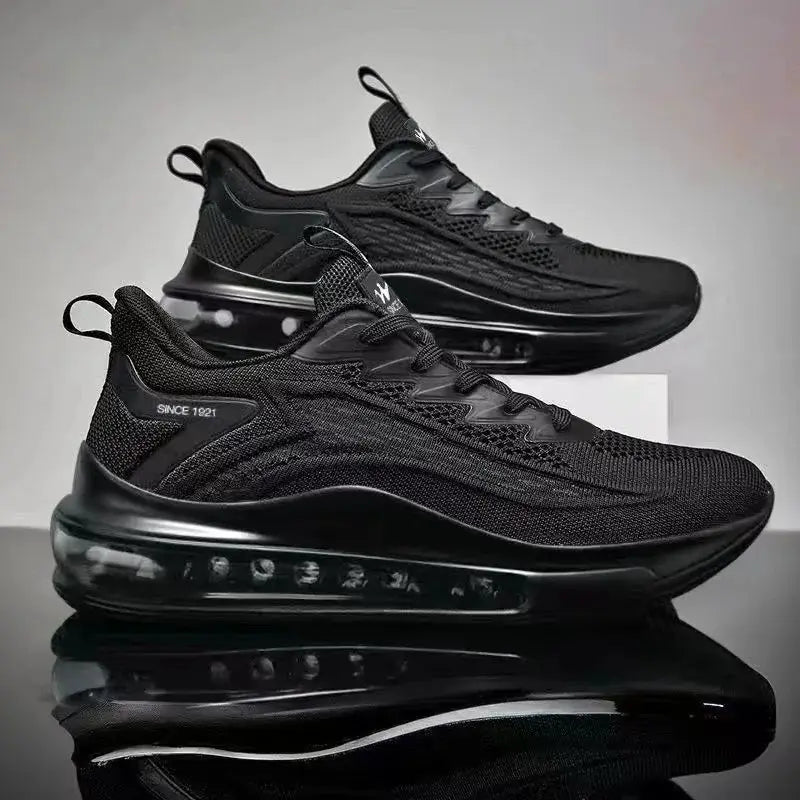 Men's black running sneakers, lightweight breathable athletic shoes with non-slip, shock-absorbing sole, pair shown