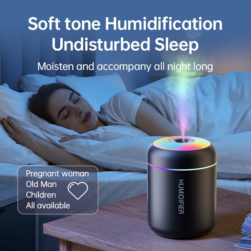 Mini USB humidifier aroma diffuser, 180ml, black cylindrical with rainbow RGB LED ring