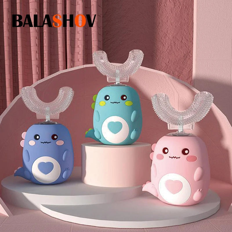 Balashov kids U-shaped electric toothbrush set with three colorful animal handles and clear U-shaped heads.