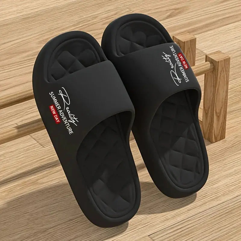 AeroStep men's EVA slip-on slippers, black cloud-comfort; two slides shown