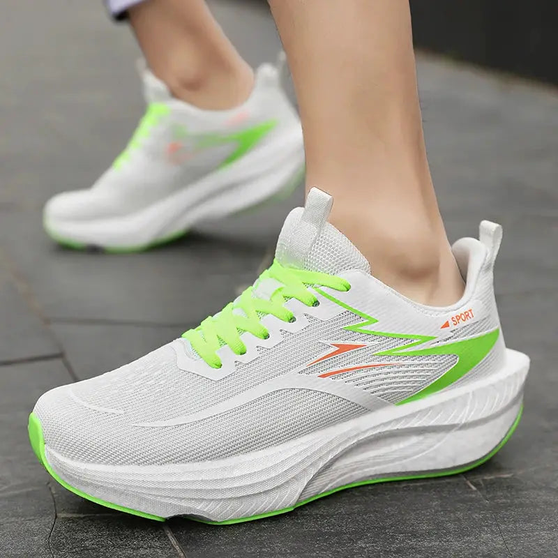Marathon Men Sports Running Shoes with white mesh upper, neon lime laces and lime-green sole