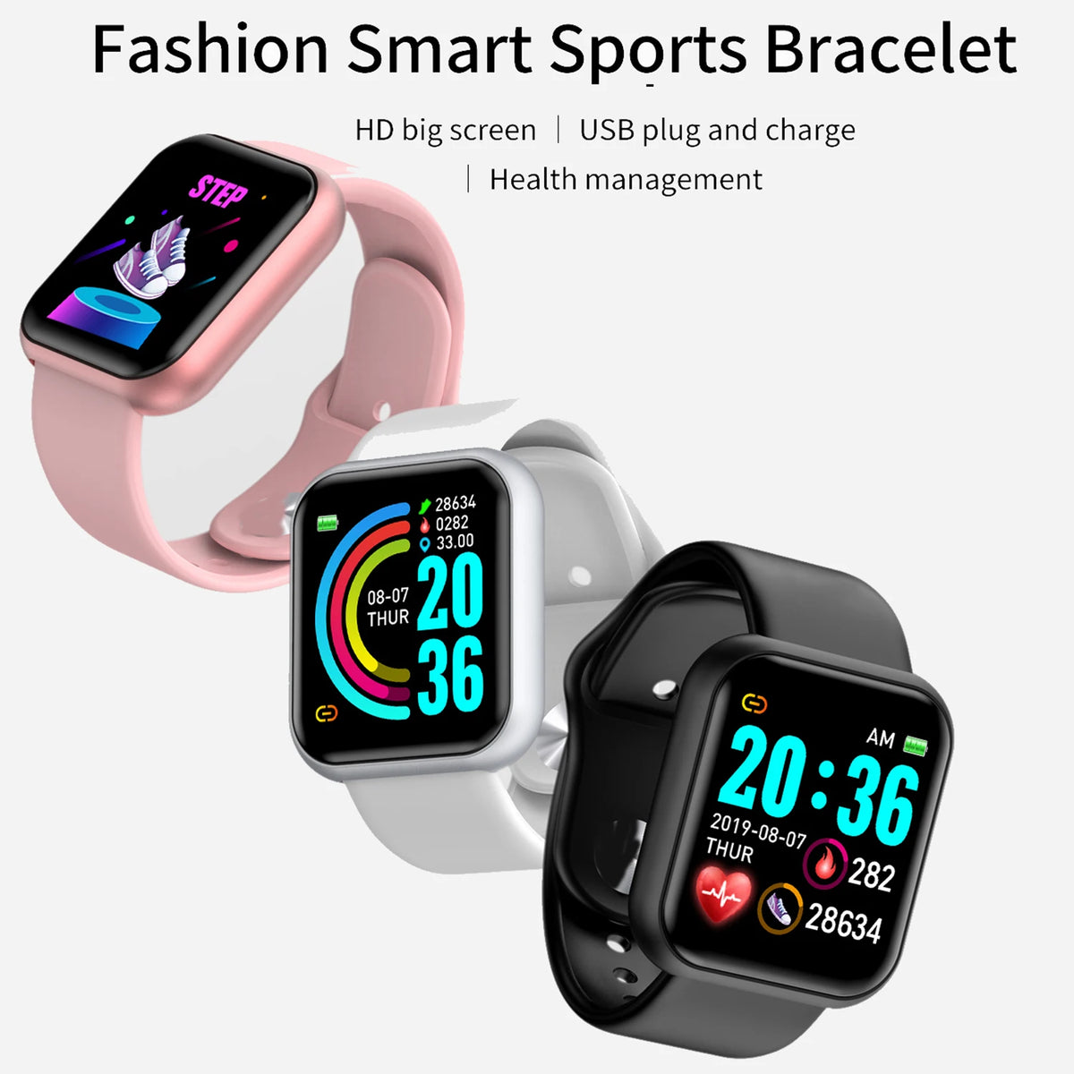 Smartwatch for women and men; three watches in pink, white, and black with Bluetooth fitness tracking