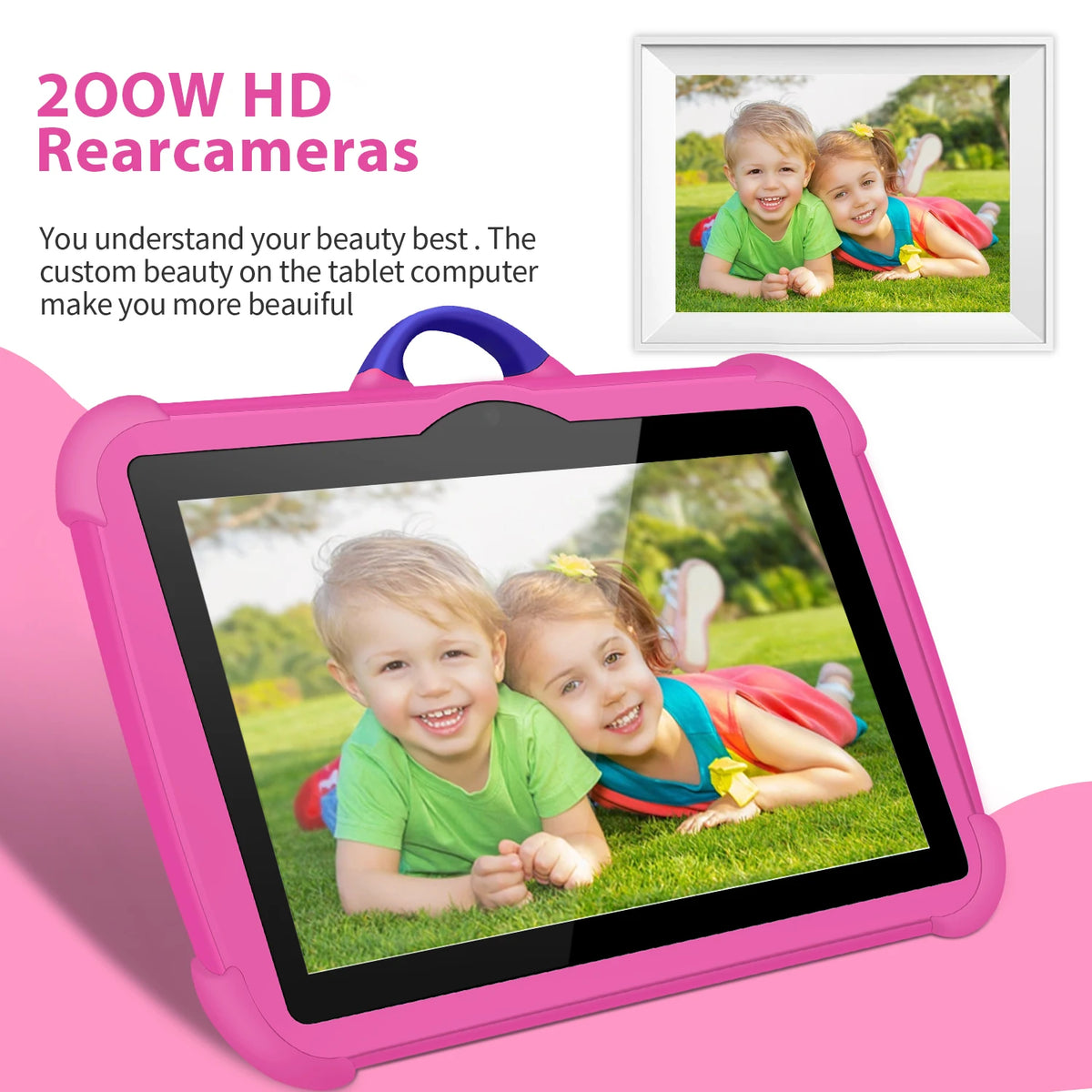 New Cartoon Pattern Kids Tablet 7 Inch pink case; screen shows smiling children