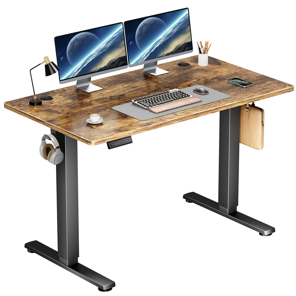 JHK Electric Standing Desk with memory height adjustments; woodgrain top and black metal legs with dual monitors