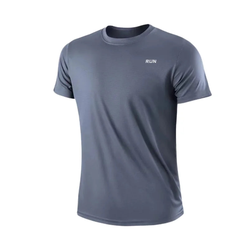 Men's Quick Dry T-Shirt in blue-gray with RUN logo on chest, PrimeCanada.Store activewear