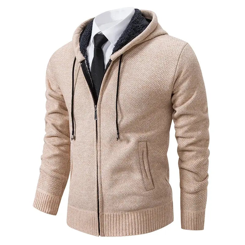 Men's beige knit zip-up hooded jacket with black drawstrings and front pockets