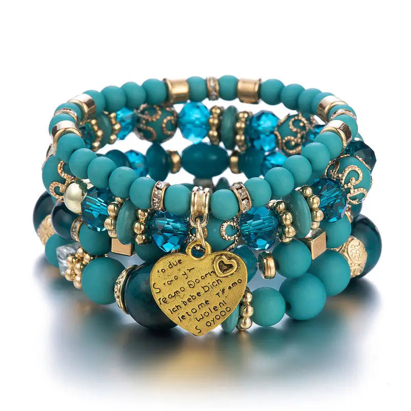 Boho crystal heart bracelet set of 4 turquoise beaded elastic bracelets with gold accents