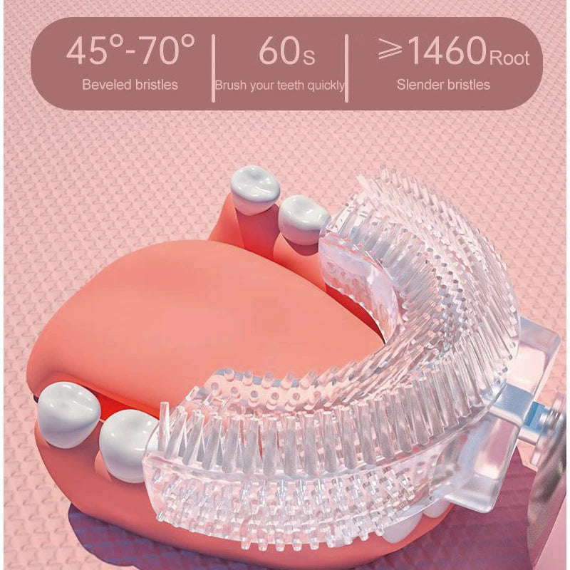 Balashov Kids U-Shaped Electric Toothbrush with a clear U-shaped mouthpiece around a pink dental model