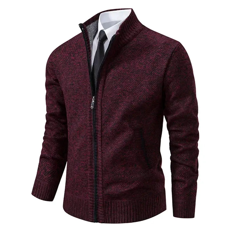 Men's burgundy zip cardigan sweater; relaxed knit jacket with ribbed cuffs and hem