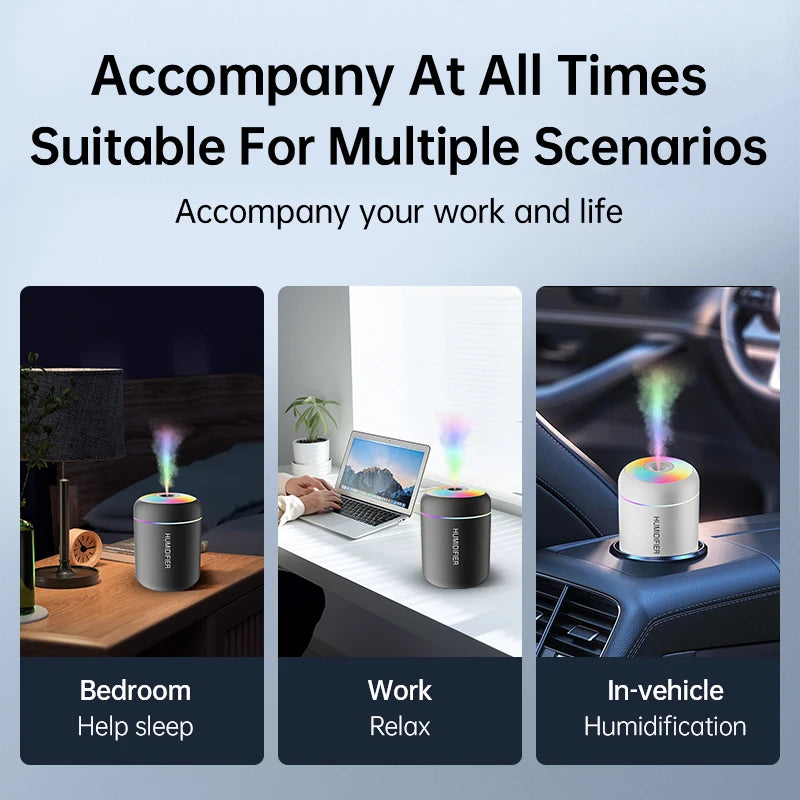 180ML mini USB air humidifier with colorful LED lights and aroma mist; shown in bedroom, office, and car.