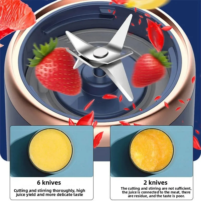 Portable USB rechargeable 6-blade personal fruit juice blender, blue compact kitchen gadget for quick smoothies