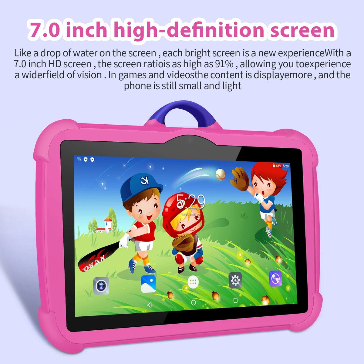New Cartoon Pattern Kids Tablet 7-Inch, pink rugged case with purple handle, colorful game scene on screen.